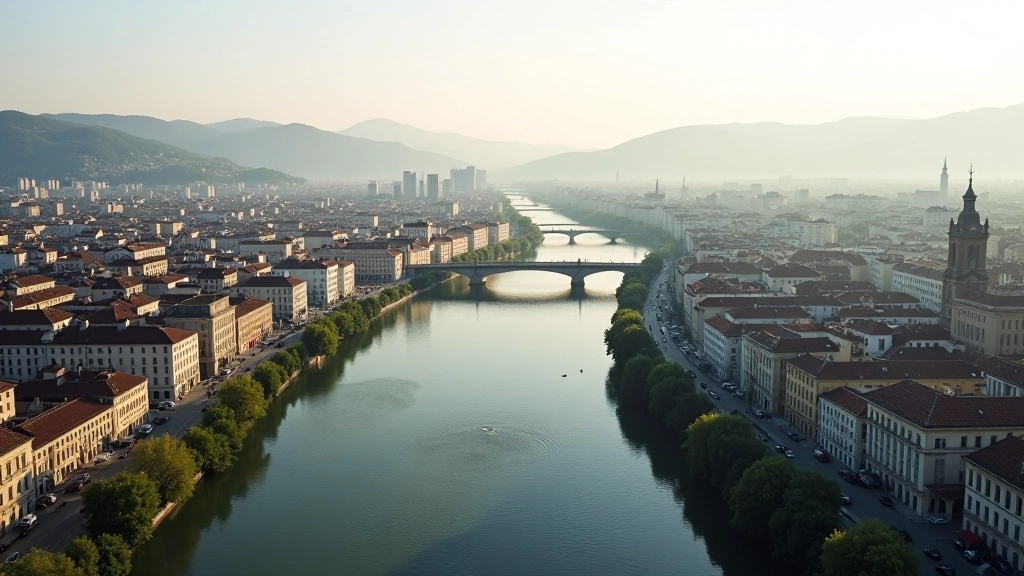 Veduta aerea di Torino con il Po in primo piano, ponti che collegano le sponde e il paesaggio urbano che si estende verso le colline
