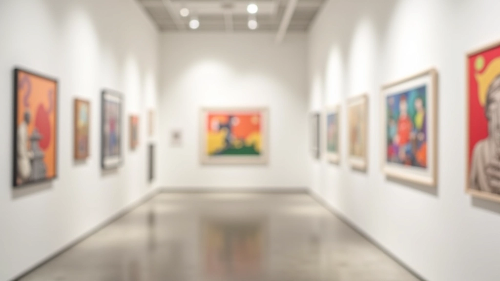 Galleria d'arte contemporanea con opere colorate esposte su muri bianchi illuminati