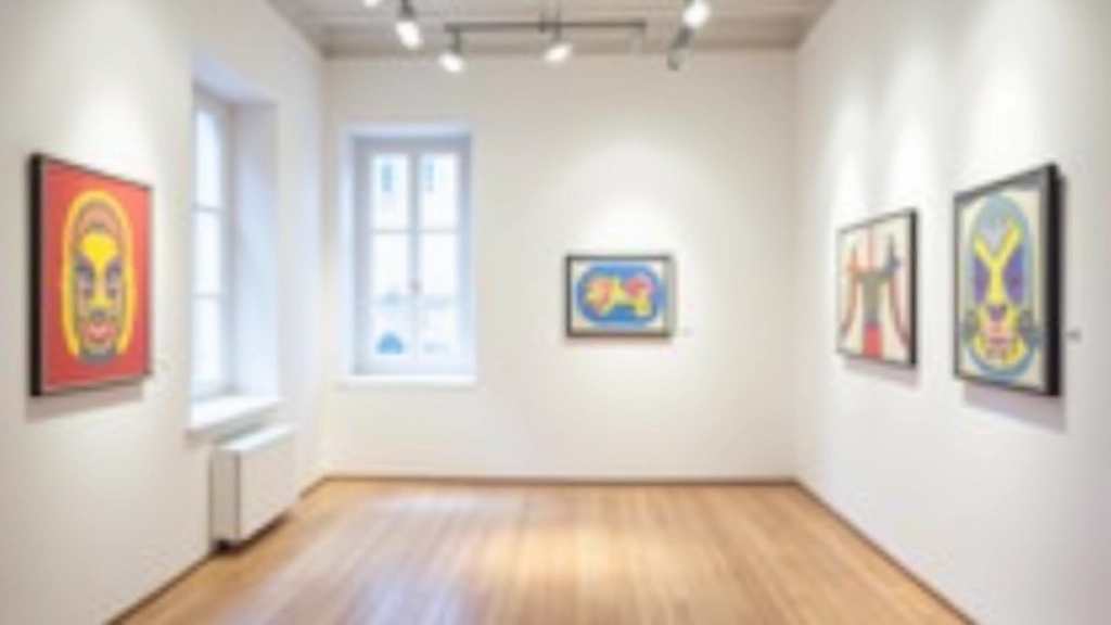 Galleria d'arte contemporanea con opere colorate esposte su muri bianchi illuminati da luci naturali