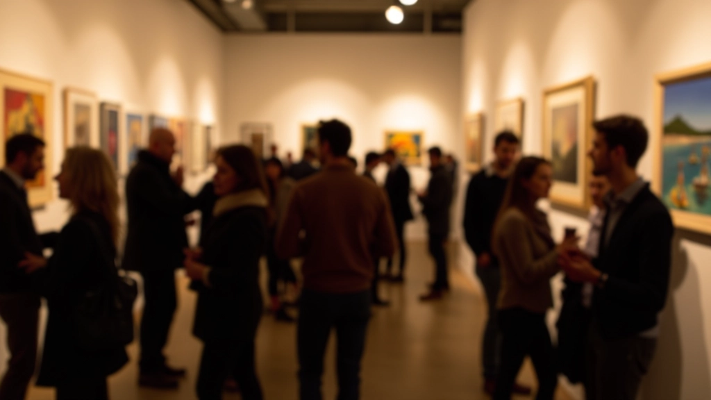Inaugurazione di una mostra in uno spazio alternativo, visitatori che osservano opere d'arte appese ai muri, persone che conversano