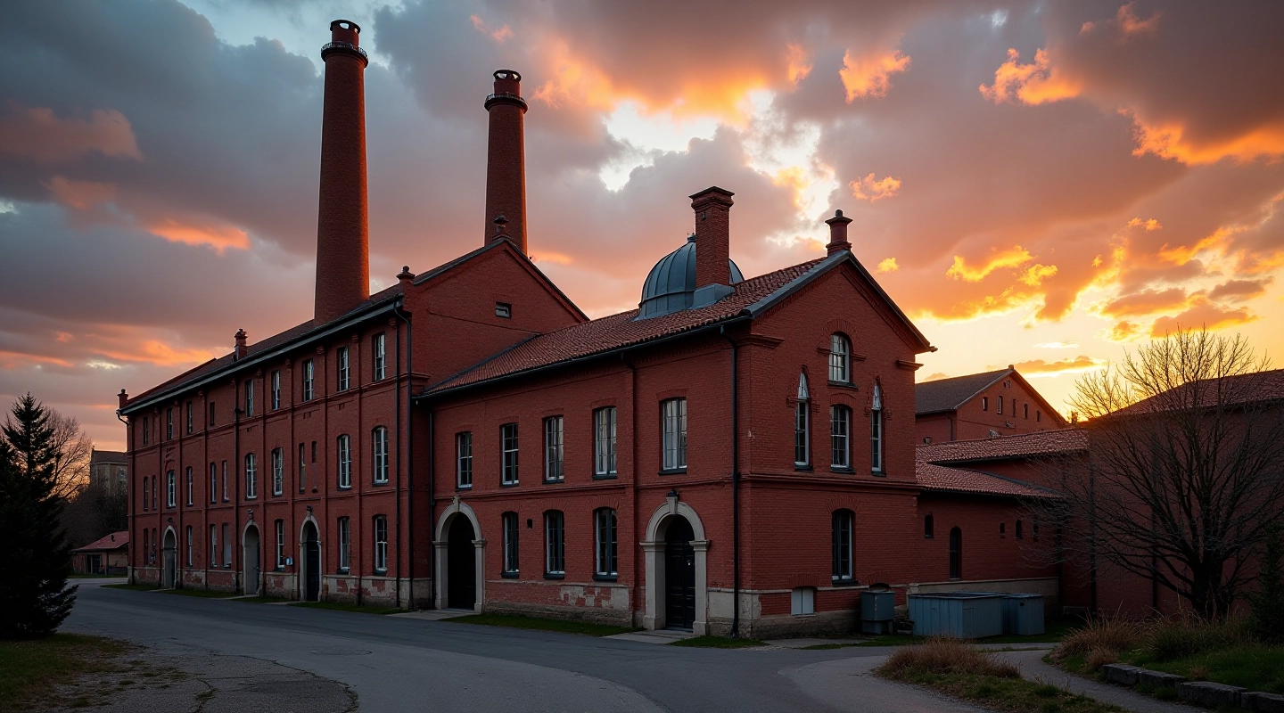 Fabbrica storica di Torino con finestre in mattoni rossi e cielo nuvolato al tramonto