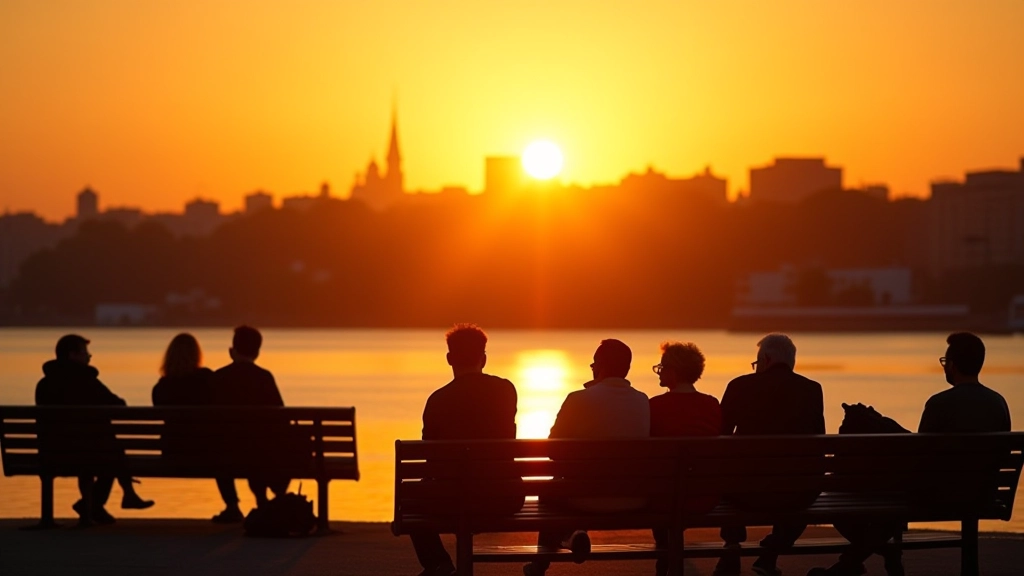 Tramonto sulle sponde del Po con persone sedute su panchine e il profilo della città di Torino sullo sfondo