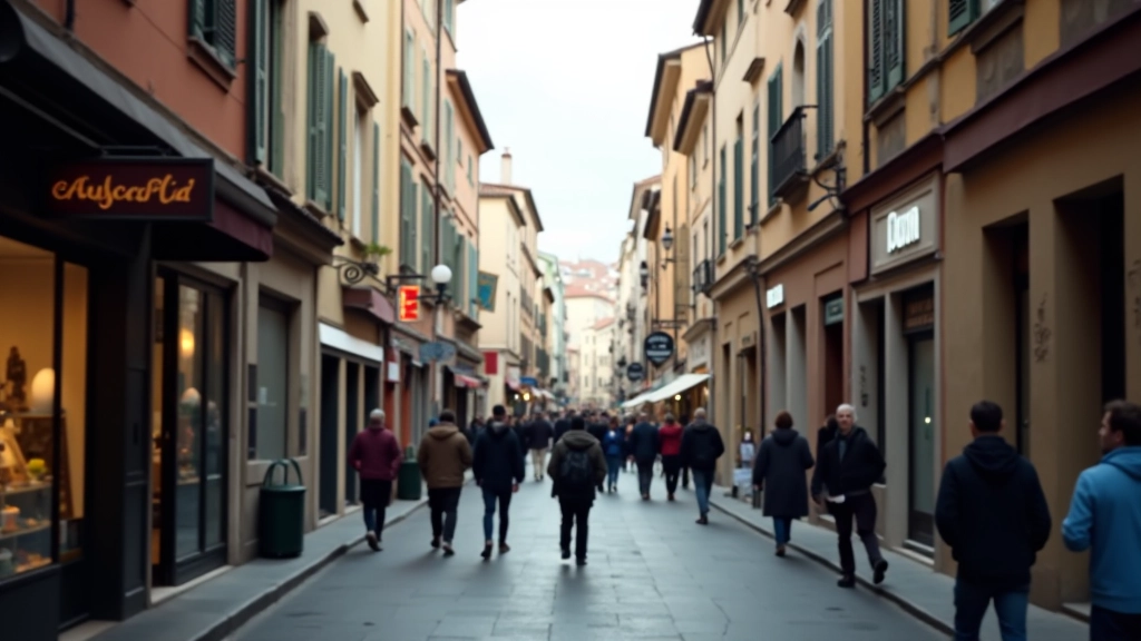Scena di strada torinese con palazzi storici e negozi moderni, persone che camminano tra architetture diverse