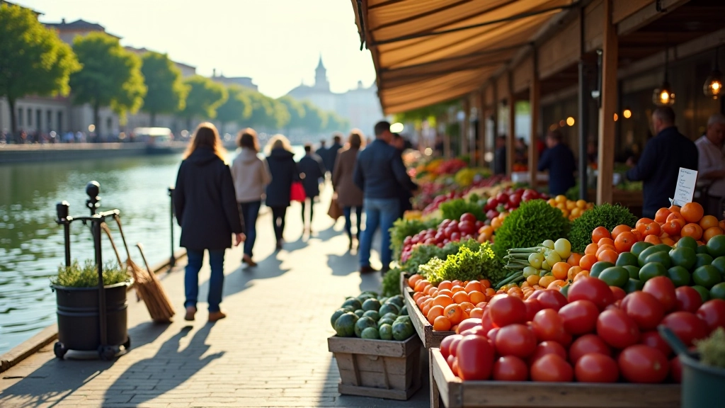 Mercato rionale settimanale sulle sponde del Po con bancarelle di verdure e persone che fanno shopping in una giornata soleggiata